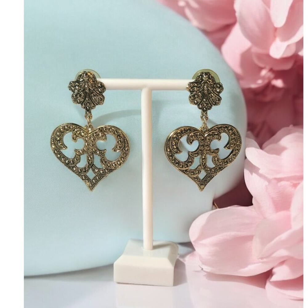 Marcasite Heart Drop Earrings Antique Gold Dark Romance